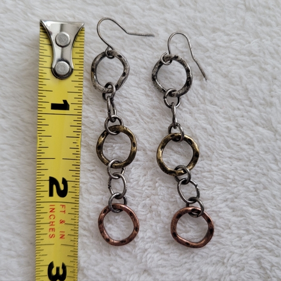 Tri-Color 3-Ring 2.5" Dangle Earrings | silvertone, goldtone & coppertone EUC - Picture 2 of 10